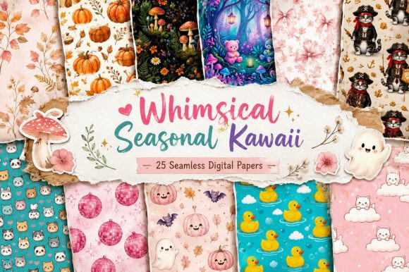 Download Whimsical Seasonal Kawaii Digital Paper - Digital Collection