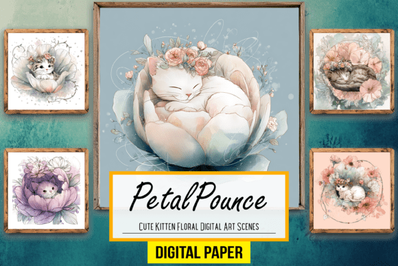 Download Cute Kitten Floral Digital Artwork Scene - Digital Collection